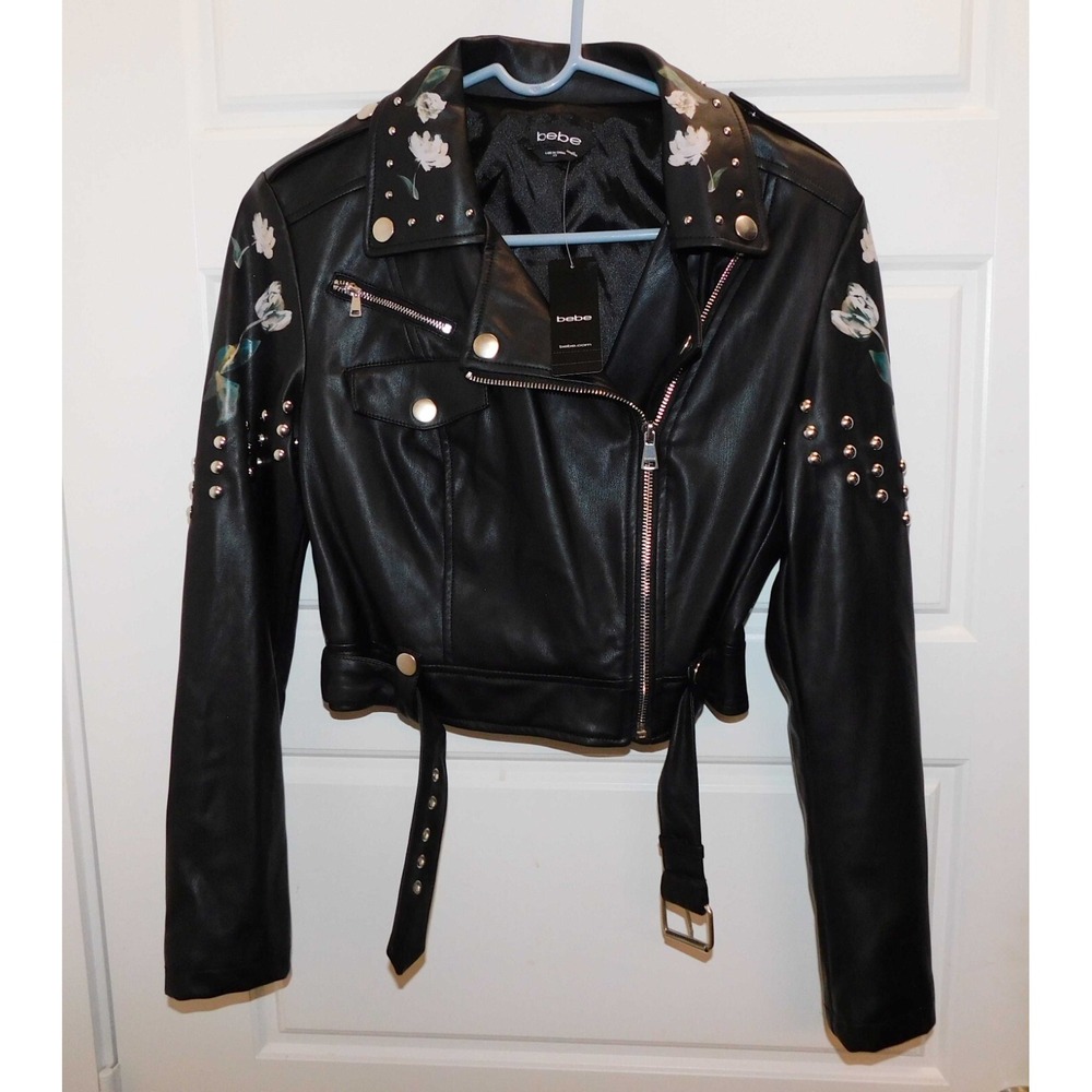 New Bebe Black Faux Leather Moto Jacket With Floral And Stud Detail Size XS‎